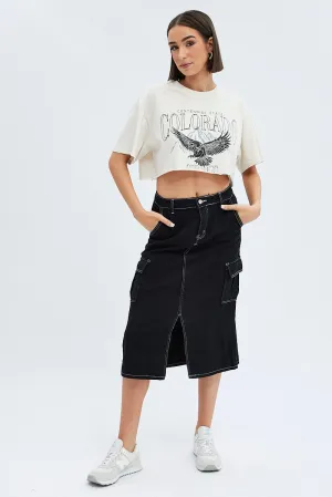 Smooth Texture Black Midi Skirt Mid Rise A-line Cargo Contrast Stitch