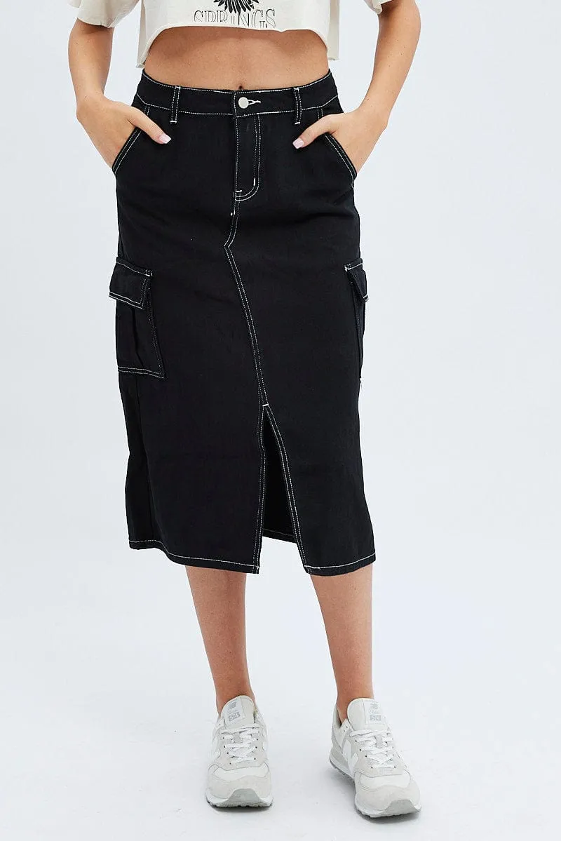 Black Midi Skirt Mid Rise A-line Cargo Contrast Stitch Versatile Wear light colors