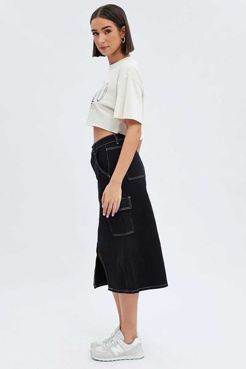 Black Midi Skirt Mid Rise A-line Cargo Contrast Stitch Sophisticated Mood No Ride Up