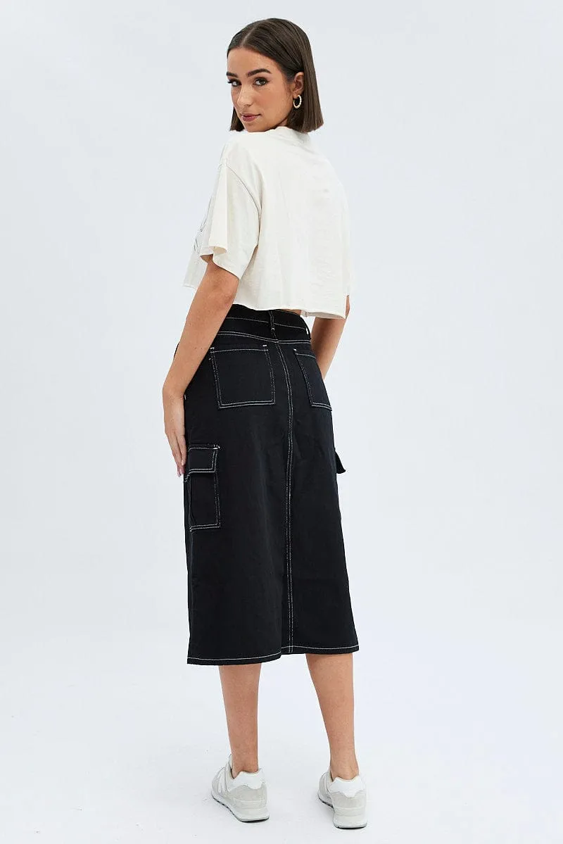 Media Feature Chill Vibe Black Midi Skirt Mid Rise A-line Cargo Contrast Stitch