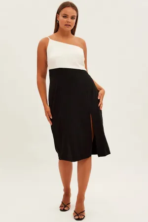 rooftop party Heat Wave Black Midi Dress Asymmetrical Color Block