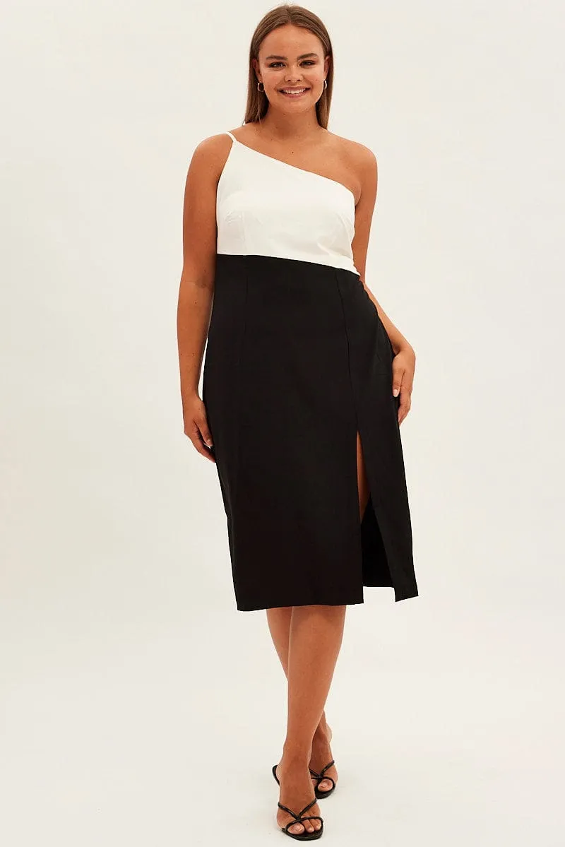Flattering Fit Black Midi Dress Asymmetrical Color Block