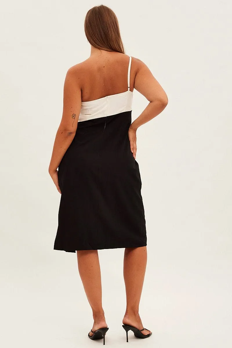 Comfy chic Stylish semi-formal dress Black Midi Dress Asymmetrical Color Block