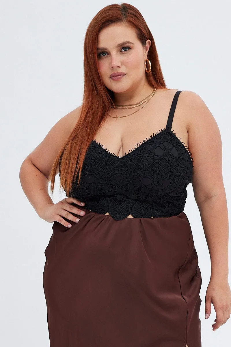 Casual Trend Black Crop Top Sleeveless Lace