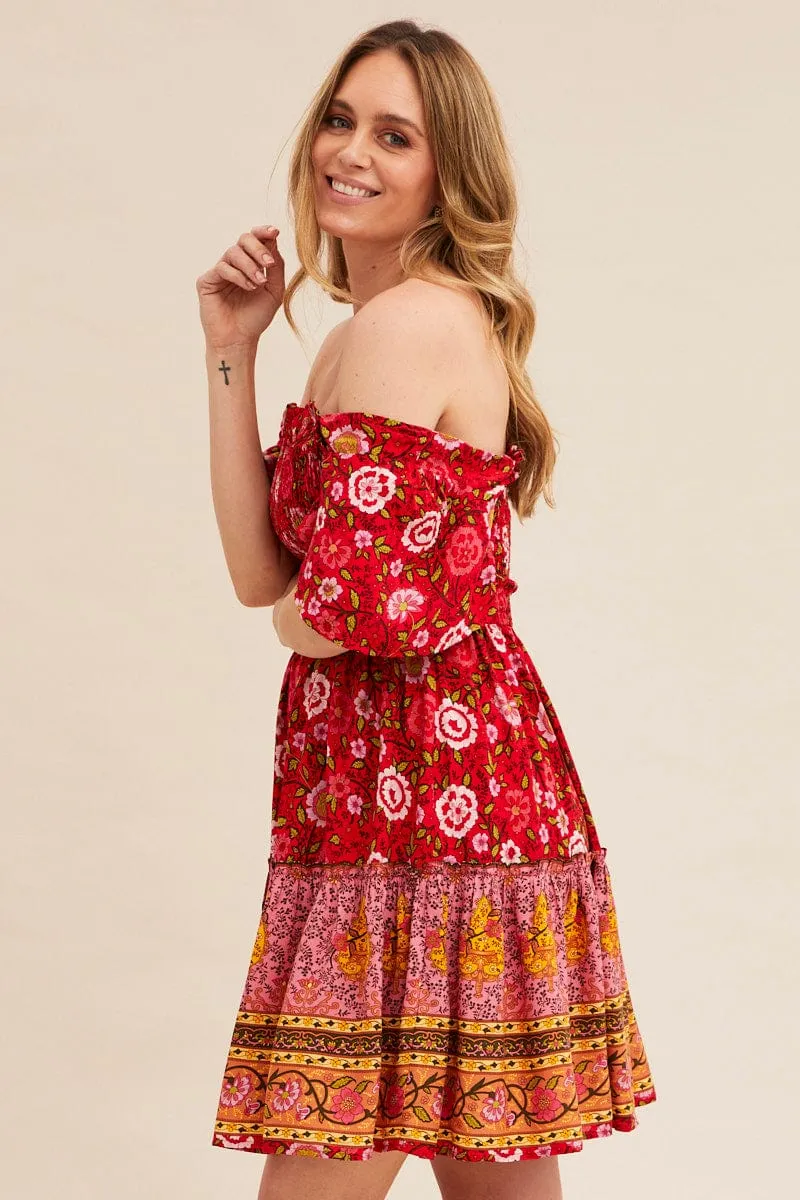OdorControl Treatment Red Boho Short Sleeve Boho Skater Dress