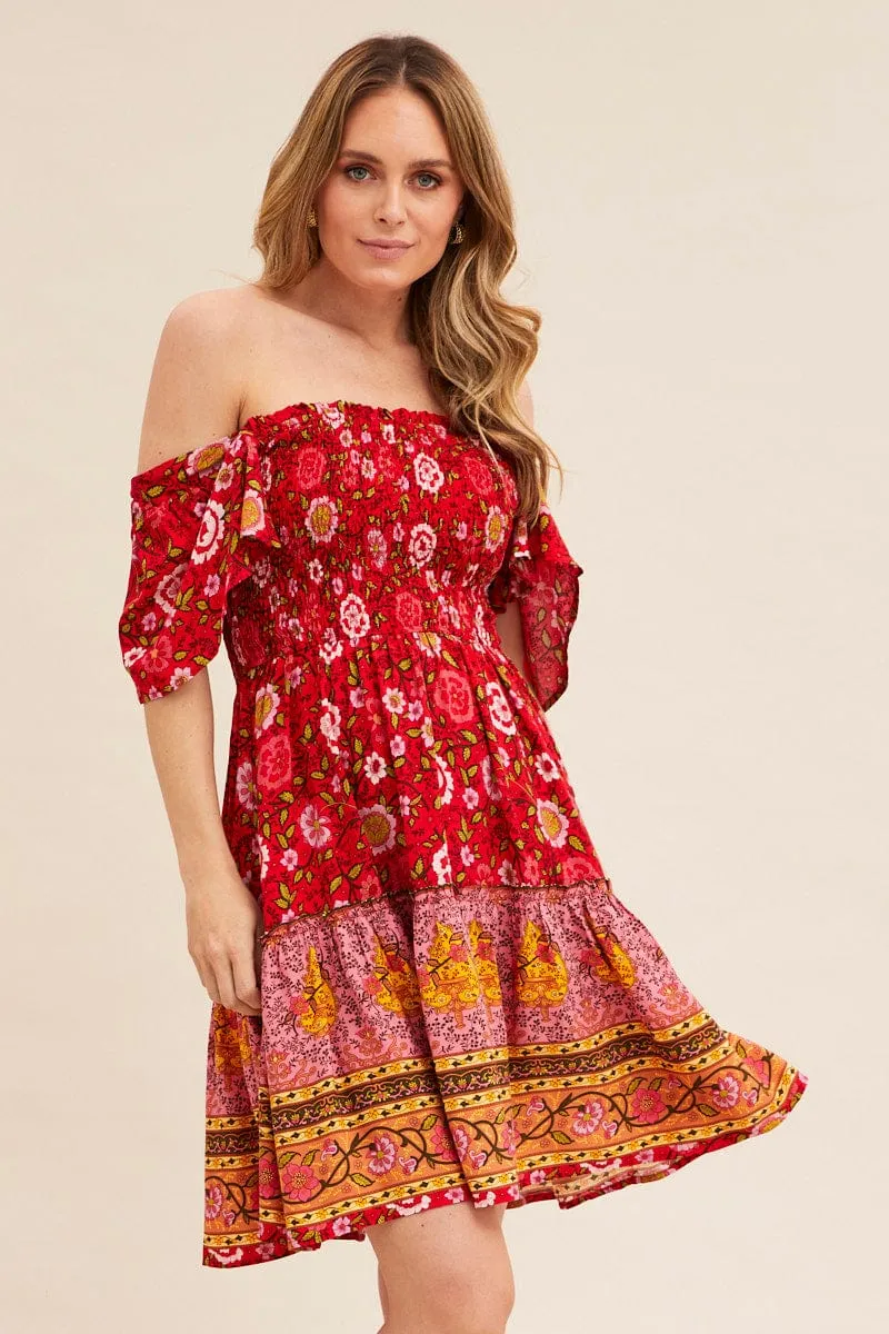 Fearless Mode Chic Jacket Red Boho Short Sleeve Boho Skater Dress