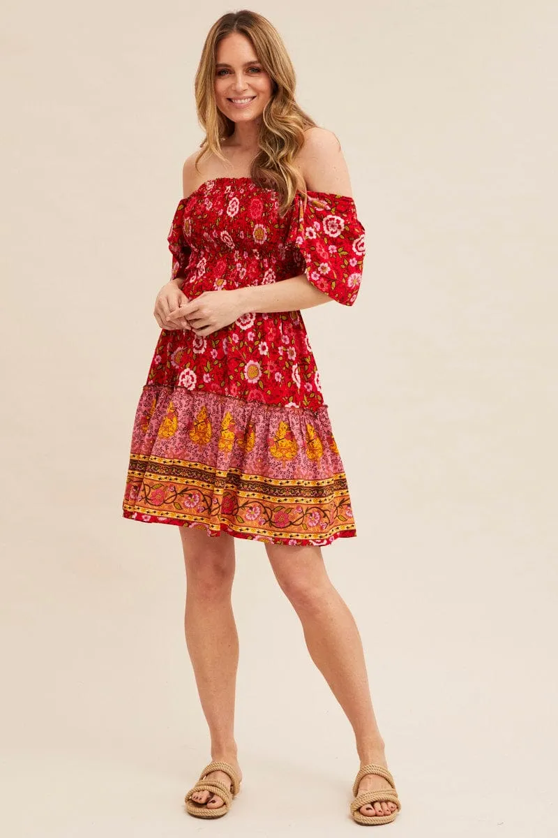 Red Boho Short Sleeve Boho Skater Dress Flexible Waistline King Mode