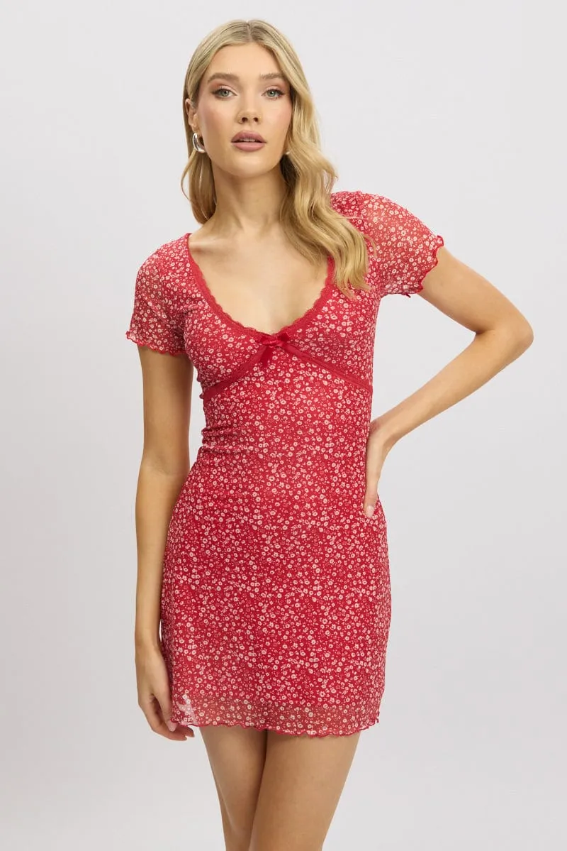 Beach Ease Evening Chic Red Ditsy Mesh Dress V Neck Mini