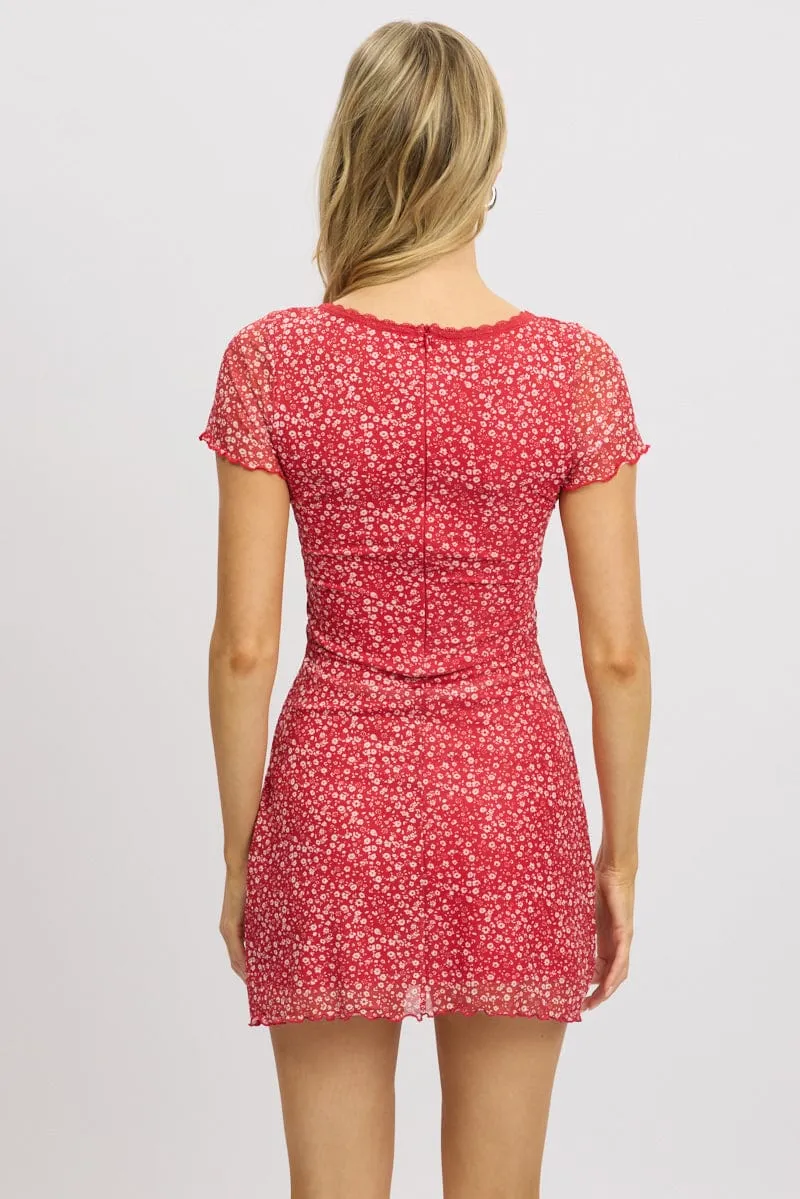 Red Ditsy Mesh Dress V Neck Mini Breath Skin