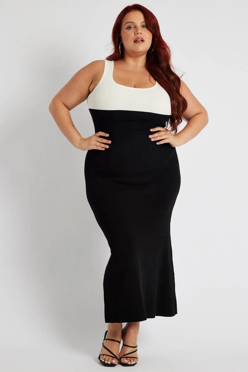 Comfy chic Classic event dress Black Colourblock Knit Midi Dress
