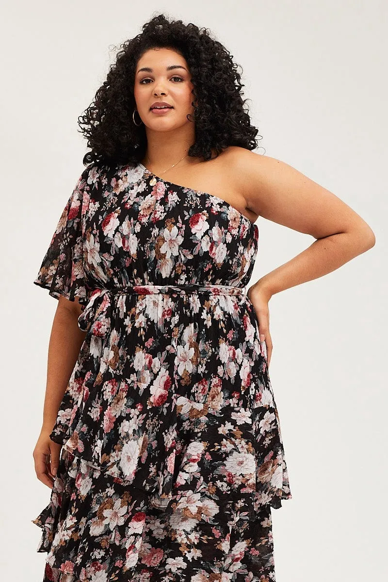 Comet Tail Floral Print Midi Dress One Shoulder Long Sleeve
