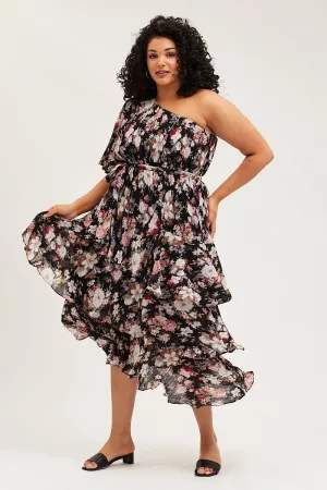 Floral Print Midi Dress One Shoulder Long Sleeve slow life Contemporary Style