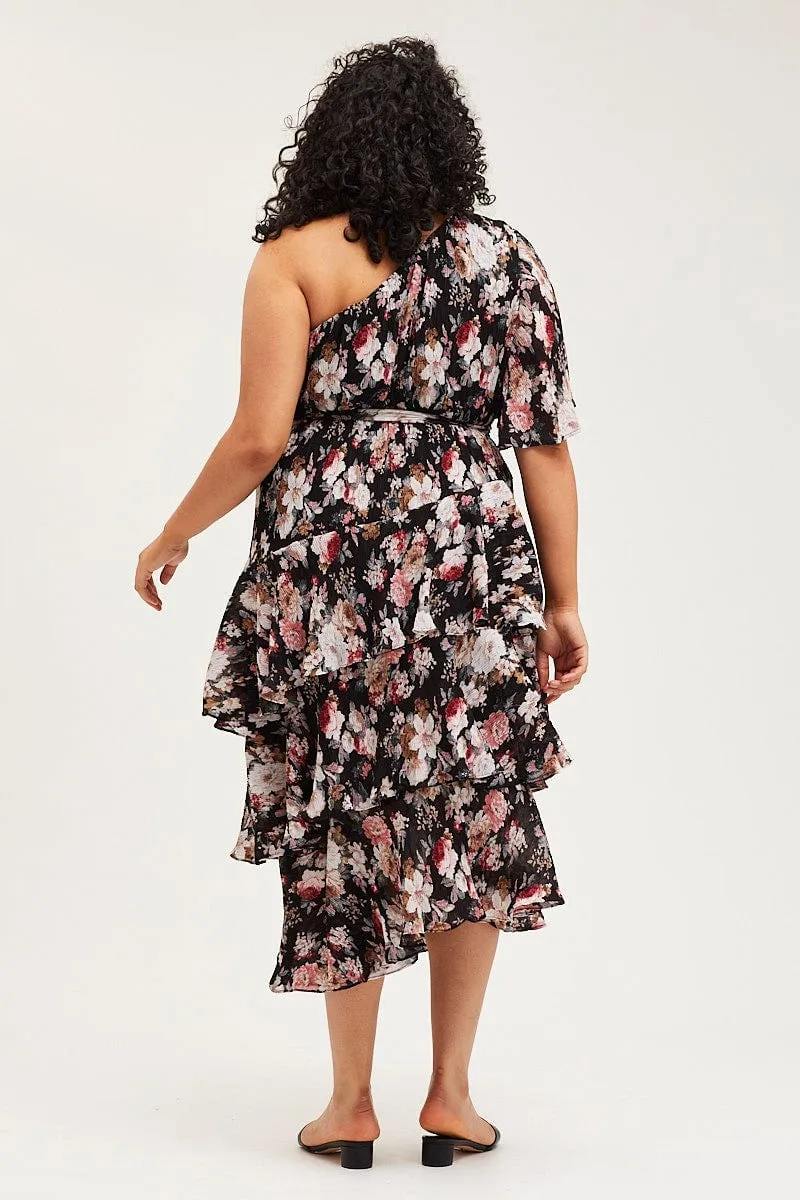 Floral Print Midi Dress One Shoulder Long Sleeve Casual Fashion