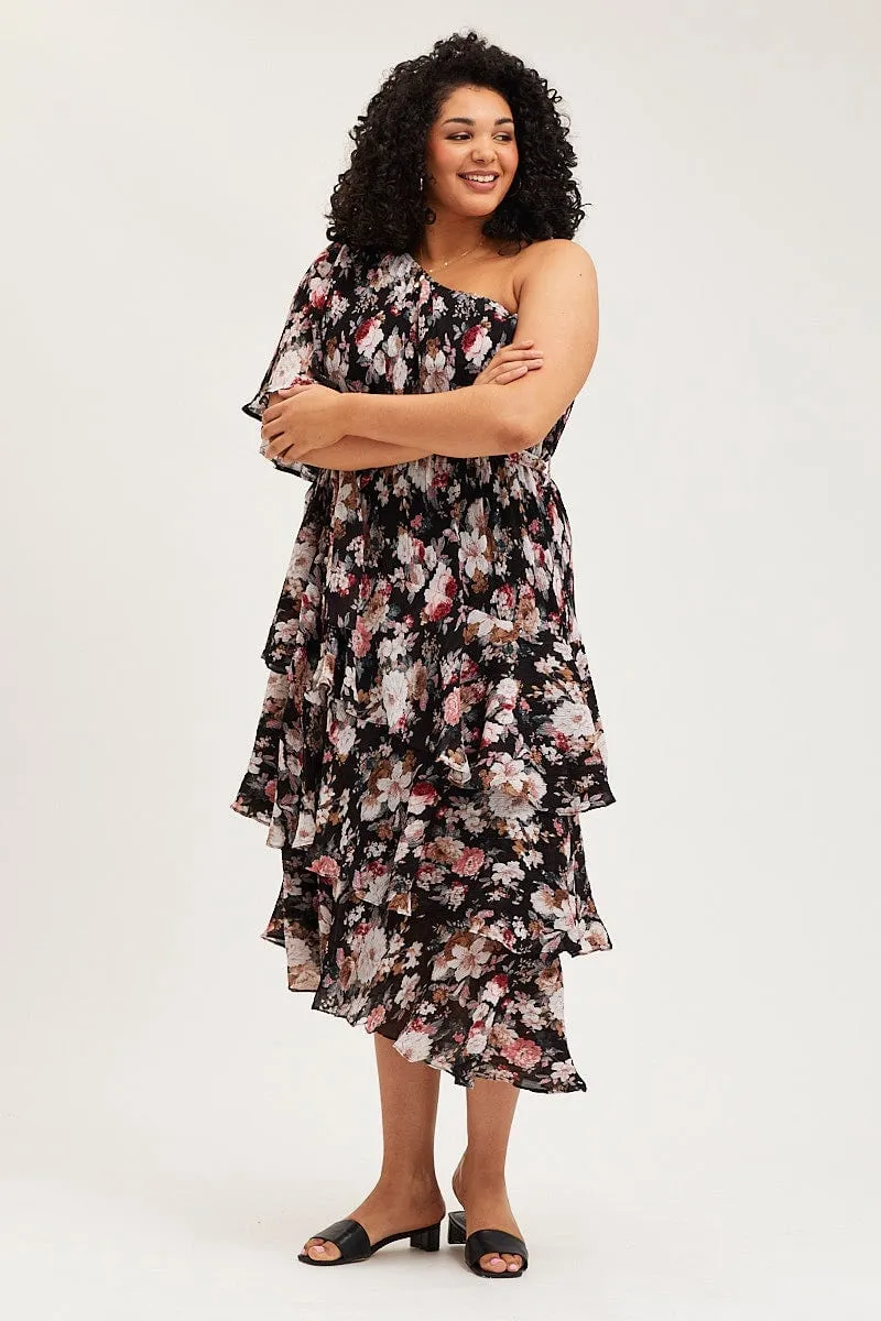 Crystal Light Floral Print Midi Dress One Shoulder Long Sleeve