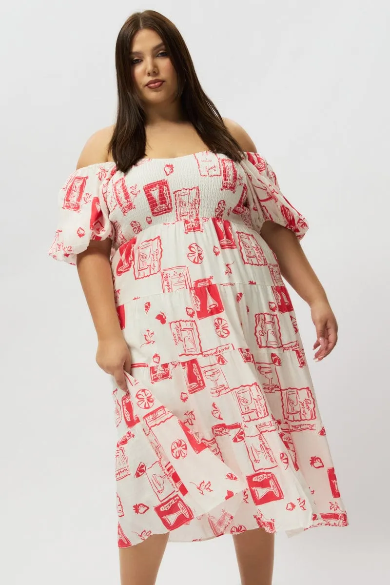 Red Abstract Midi Dress Short Sleeve Tiered Linen Blend Comfortable formal midi Graceful Flow