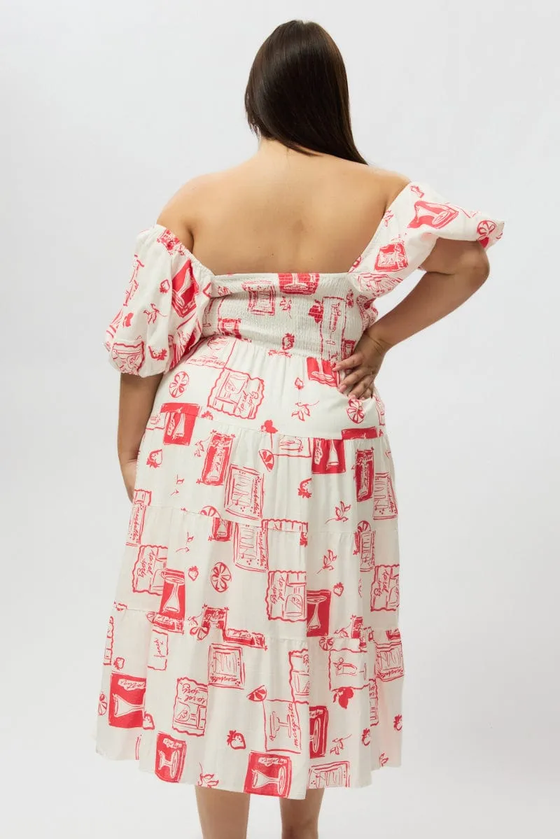 Elegant Vibe Red Abstract Midi Dress Short Sleeve Tiered Linen Blend
