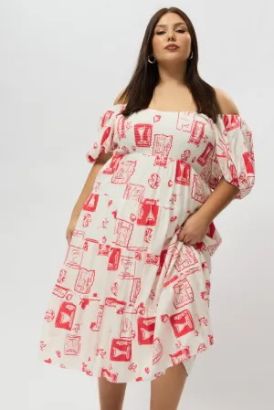 Red Abstract Midi Dress Short Sleeve Tiered Linen Blend Versatile Silhouettes