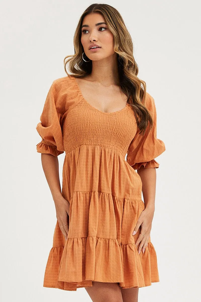 Relaxed Design Orange Mini Dress Round Neck
