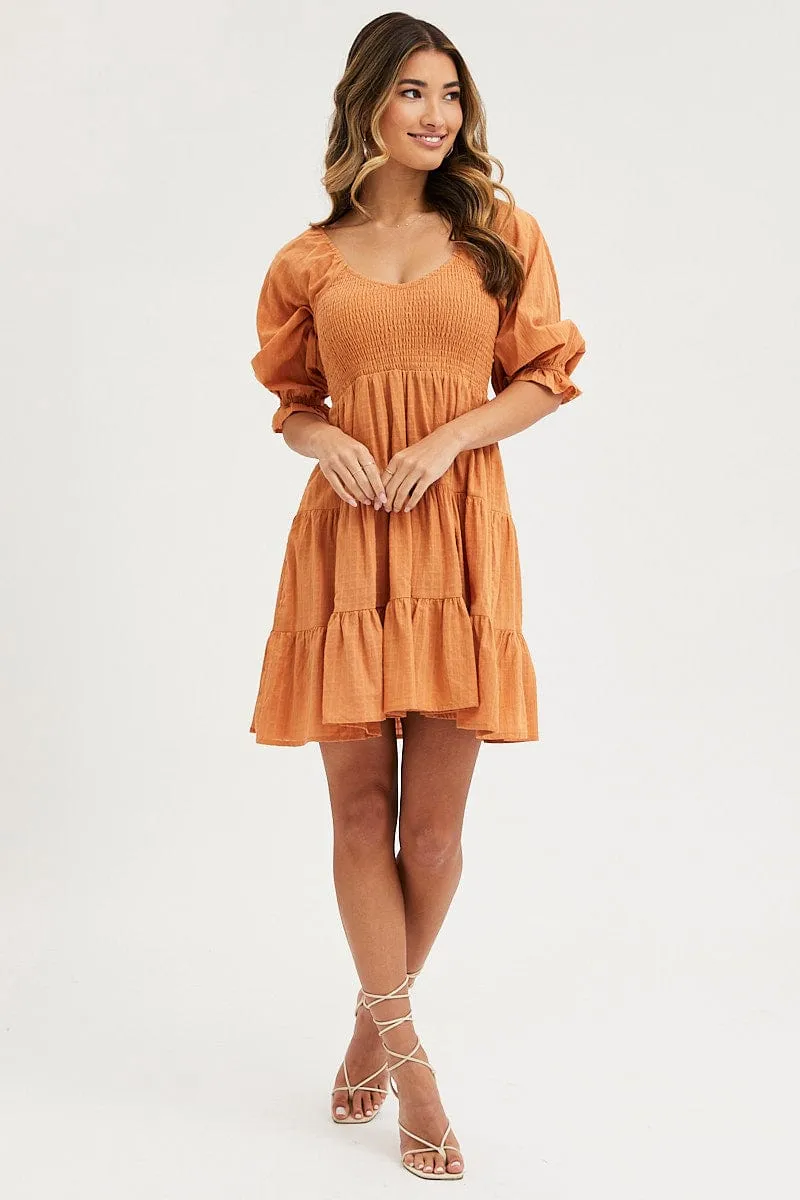 Orange Mini Dress Round Neck Trend Mode
