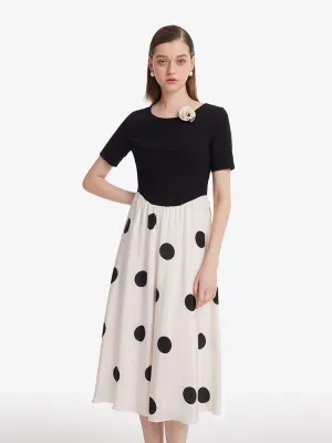 Effortless day-to-evening dress 16 Momme Mulberry Silk Polka Dots Print Patchwork Women Midi Dress With Scrunchie And 3D Rose Clip