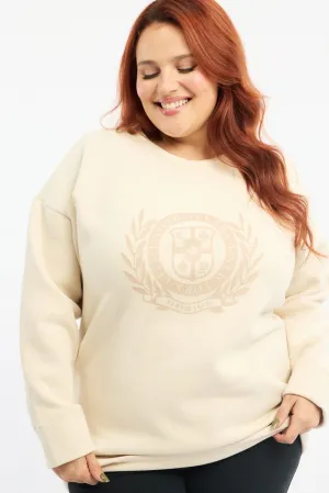 Beige Fleece Sweatshirt Collegiate Long Sleeve Longline Functional Features