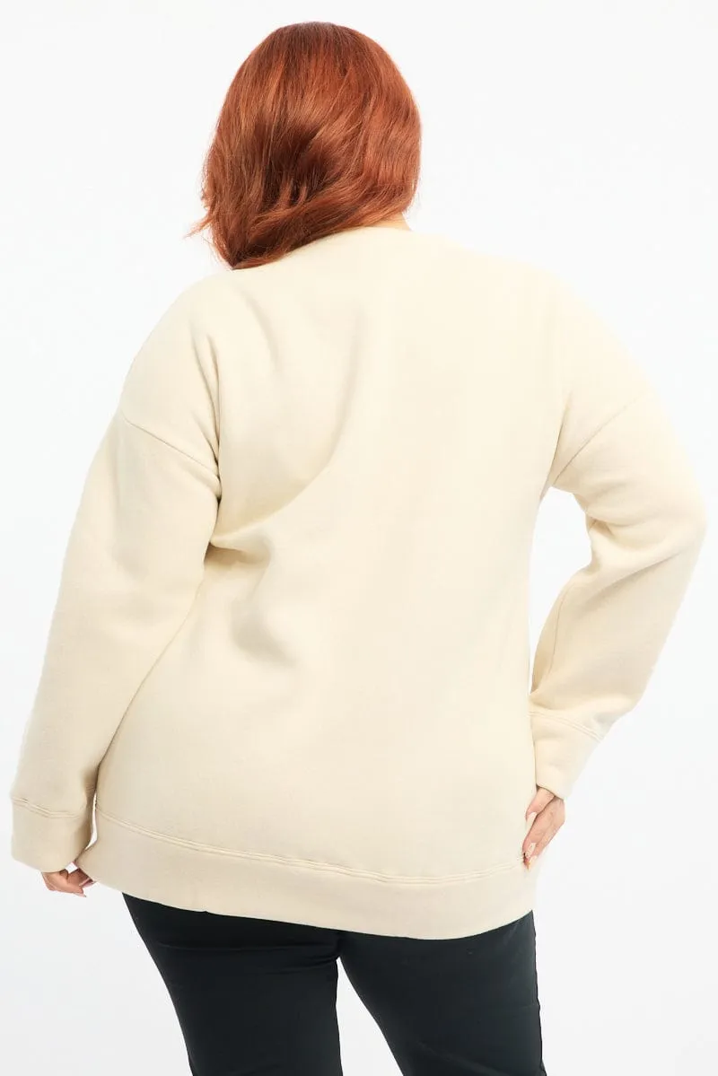 Beige Fleece Sweatshirt Collegiate Long Sleeve Longline Weekend Look Cozy Texture