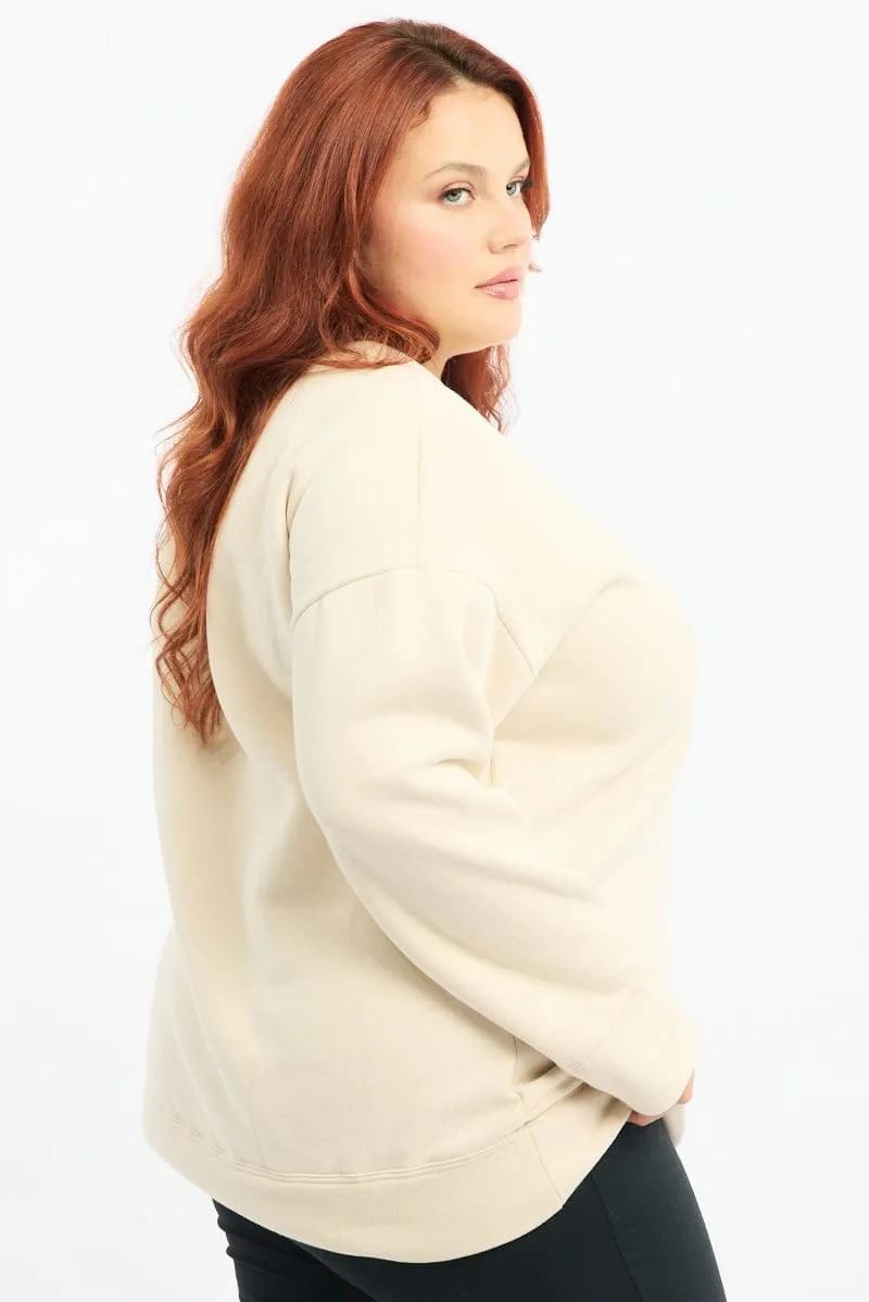 product gift worthy appeal patch accents Beige Fleece Sweatshirt Collegiate Long Sleeve Longline