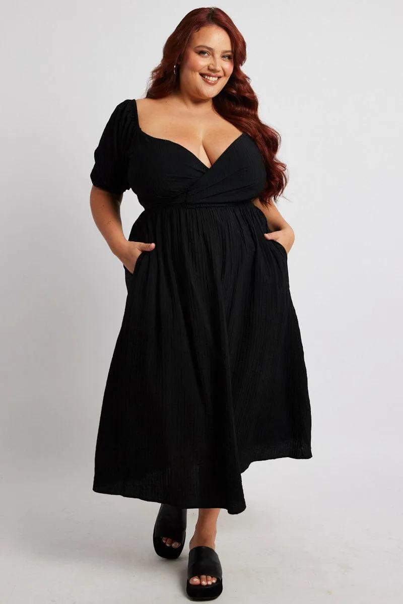 Black Midi Dress Textured Wrapover Elastic Waist Detail Street Chic