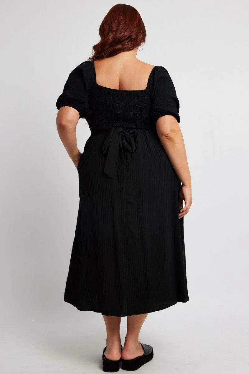 Black Midi Dress Textured Wrapover Elastic Waist Detail New Yorker