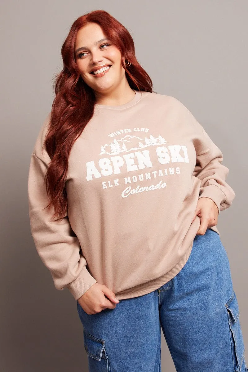 keychain accents Brown Oversized Sweater Long Sleeve Crew Neck