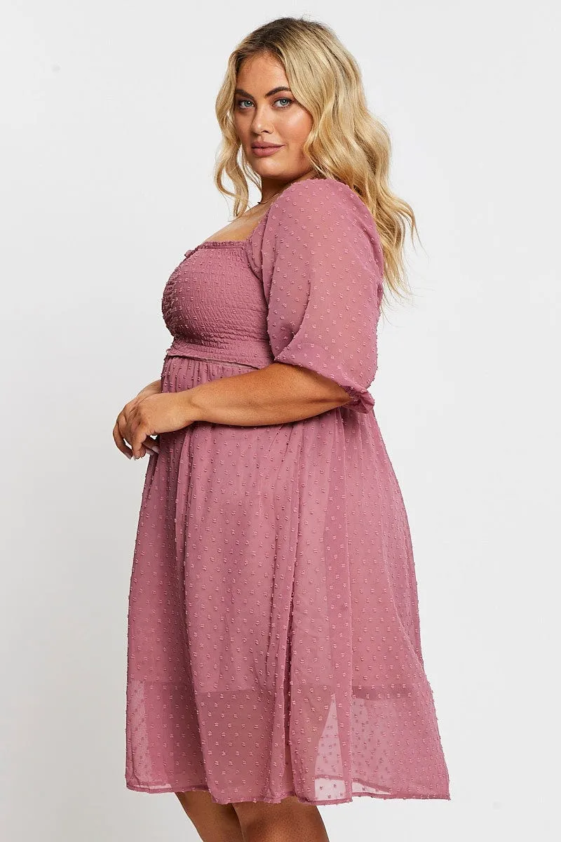 Pink 3/4 Sleeve Chiffon Flocked Midi Dress Southern Belle