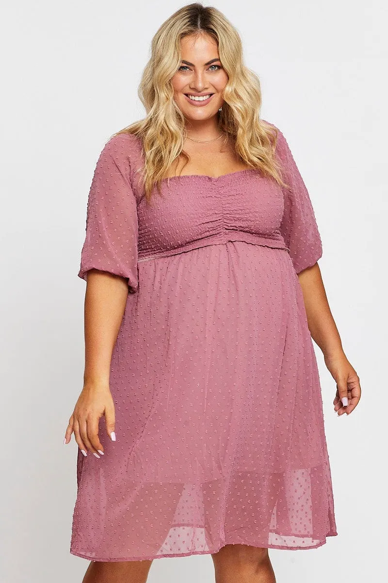 Chic Comfort Pink 3/4 Sleeve Chiffon Flocked Midi Dress