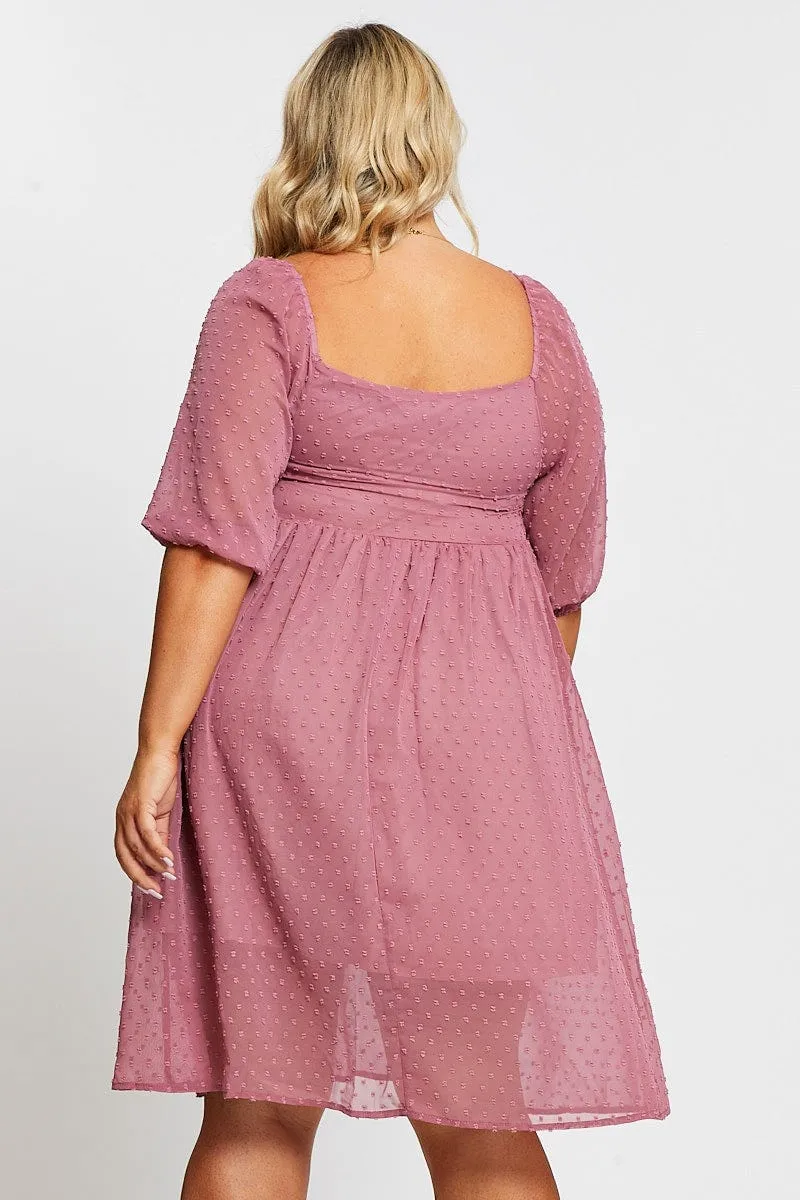 Pink 3/4 Sleeve Chiffon Flocked Midi Dress Work Smart