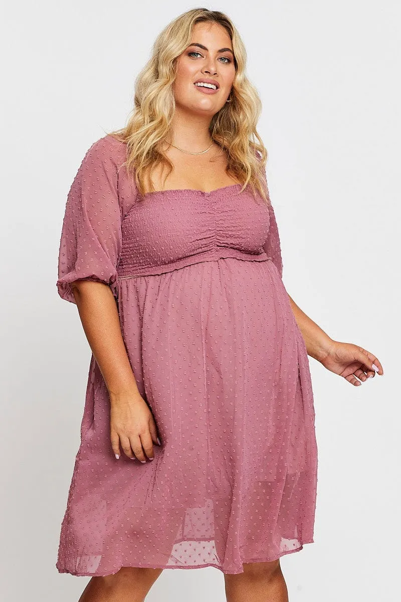 Rain Path Sun Beam Pink 3/4 Sleeve Chiffon Flocked Midi Dress