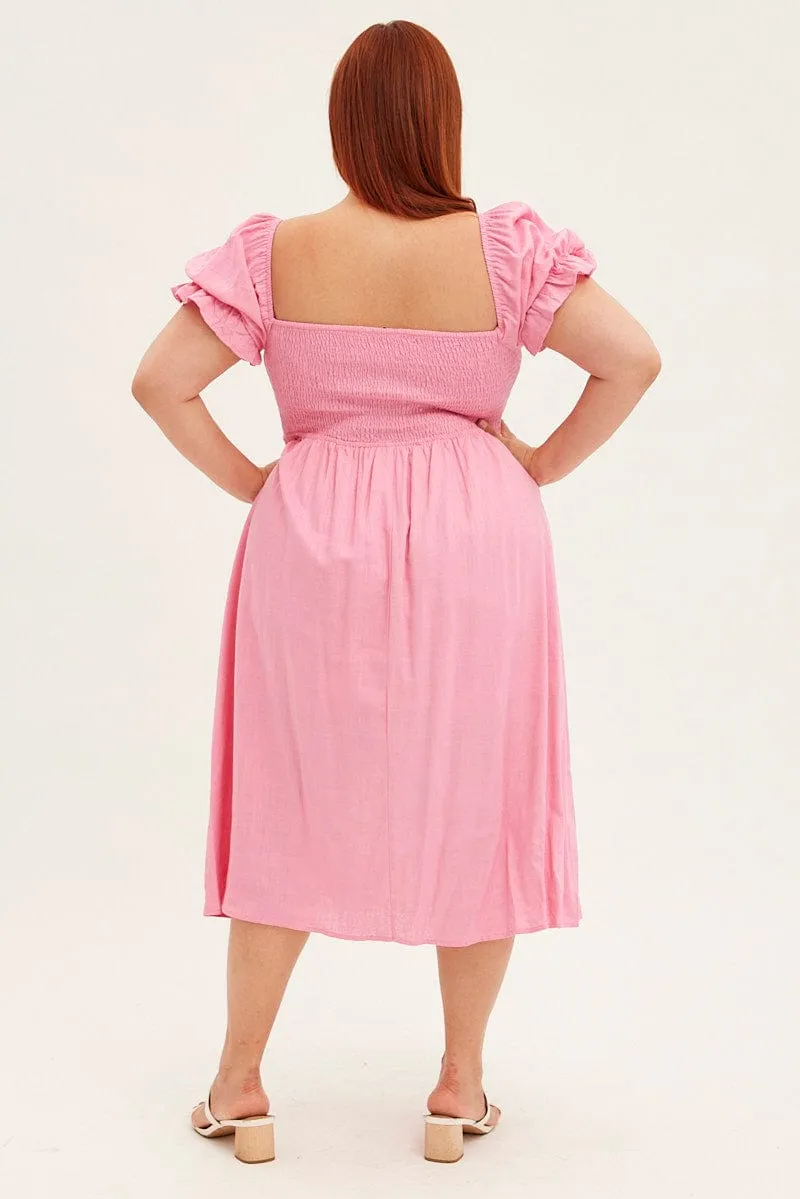 Work Smart Stage Grace Pink Shirred Short Sleeve Linen Blend Midi Dress