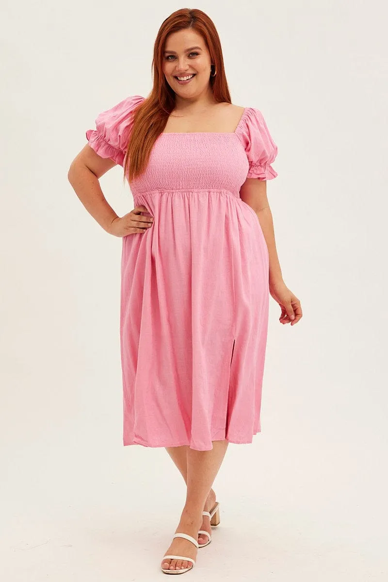 Sophisticated Design Pink Shirred Short Sleeve Linen Blend Midi Dress