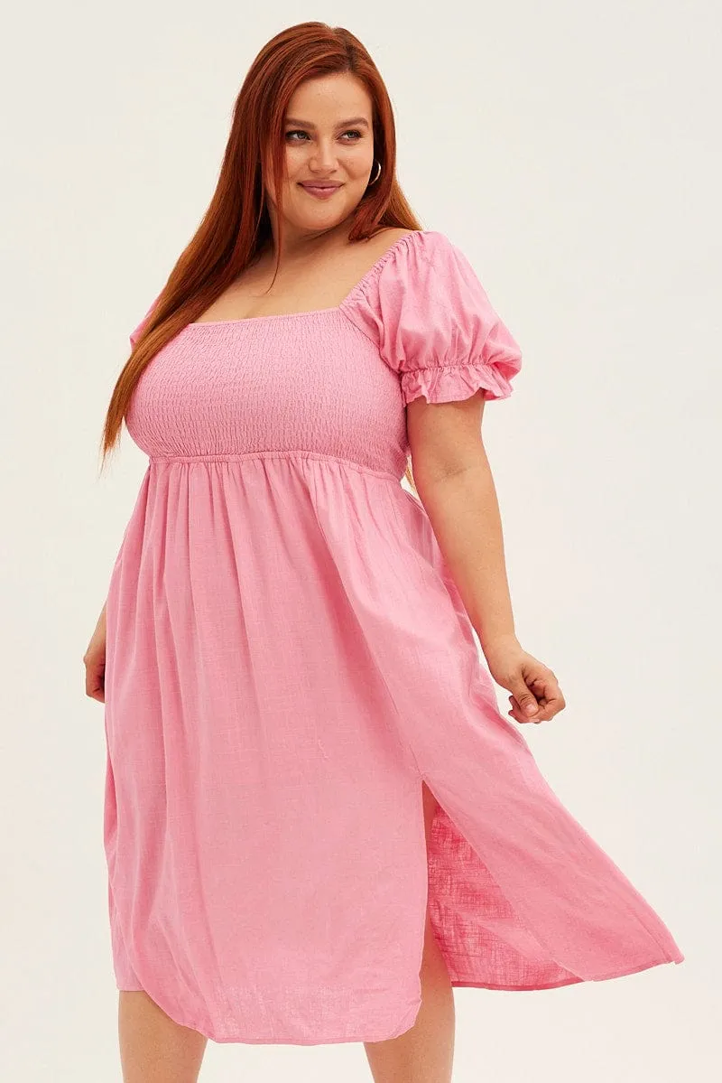 Pink Shirred Short Sleeve Linen Blend Midi Dress subtle style Relaxed Look