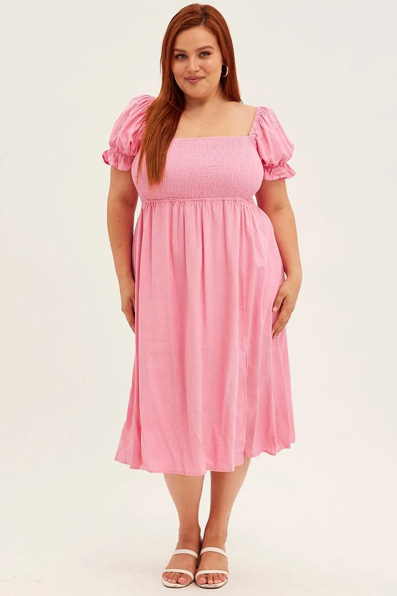 Pink Shirred Short Sleeve Linen Blend Midi Dress Polished Look Bazaar Lane