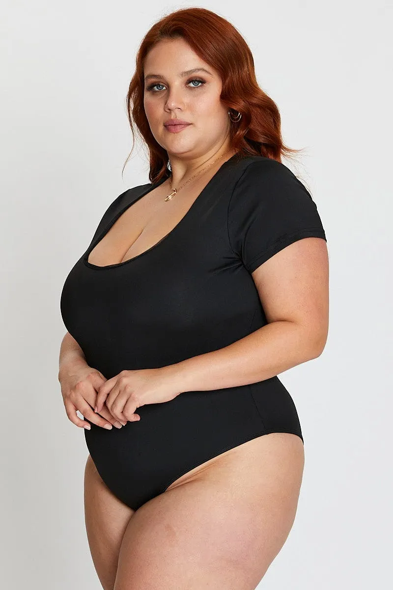 Black Short Cap Sleeve Jersey Square Neck Bodysuit Athletic Wear Sea Fit
