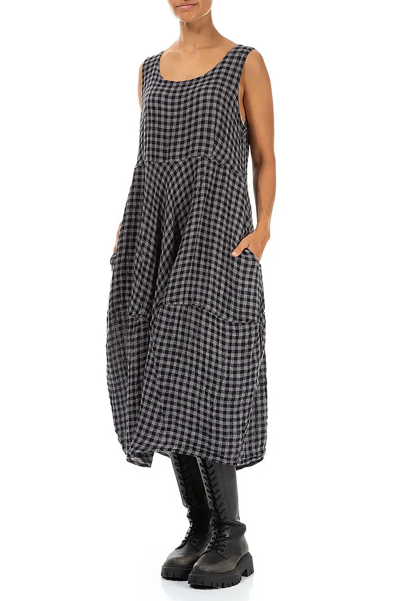 Comfortable fit Sleeveless Balloon Grey Check Linen Dress