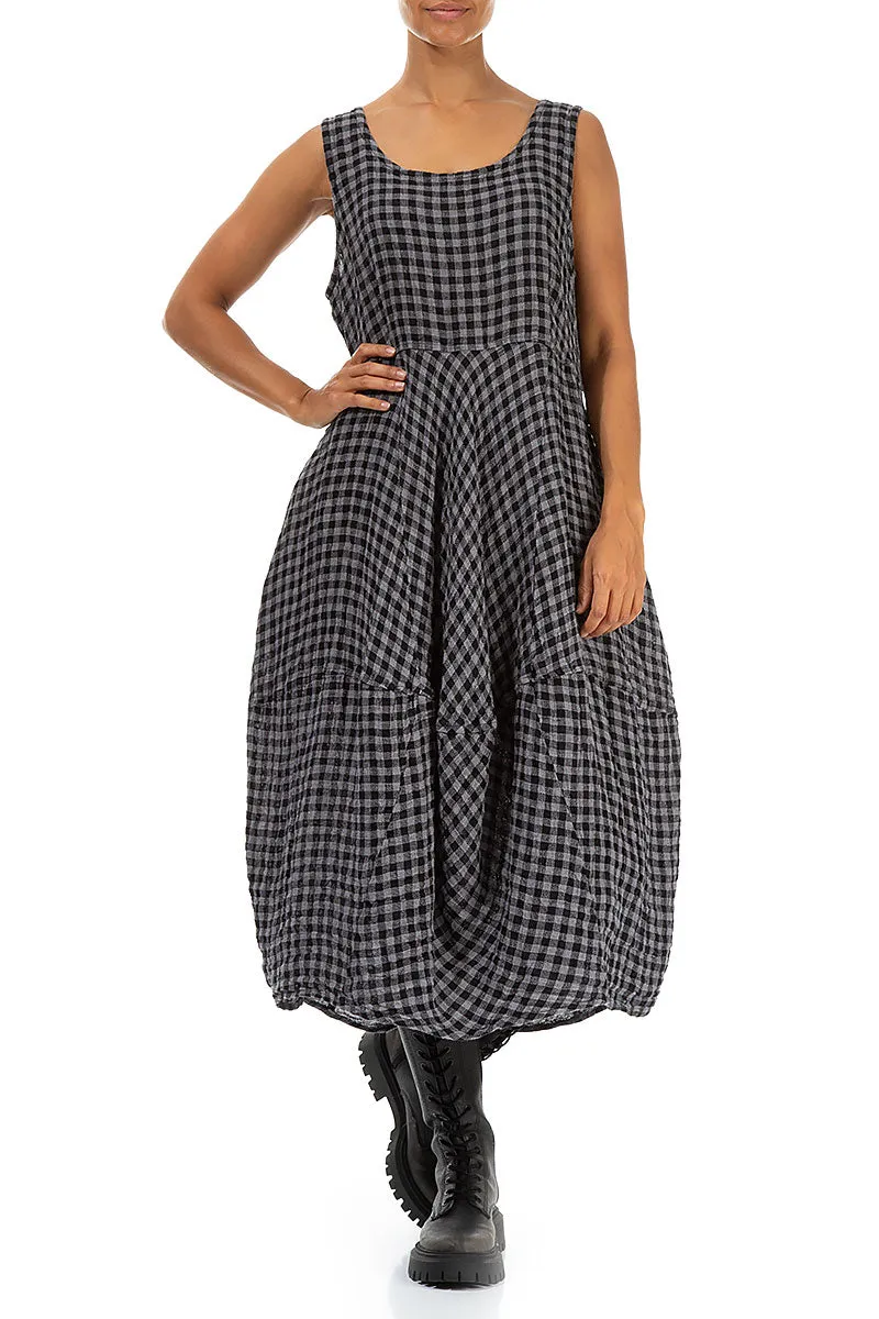 Street Style Sleeveless Balloon Grey Check Linen Dress
