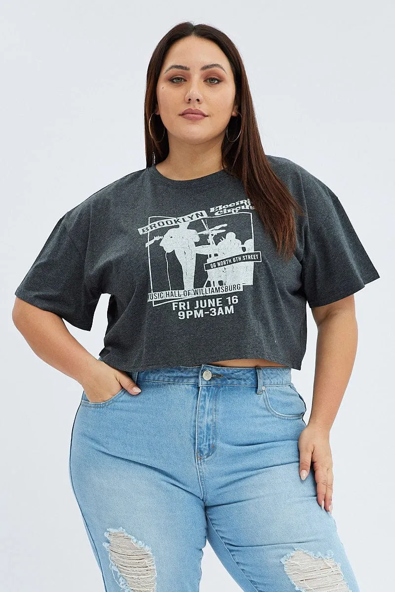 Grey Graphic T-shirt Brooklyn Band Super Crop Jersey Layered Sleeve FlexibleKnit