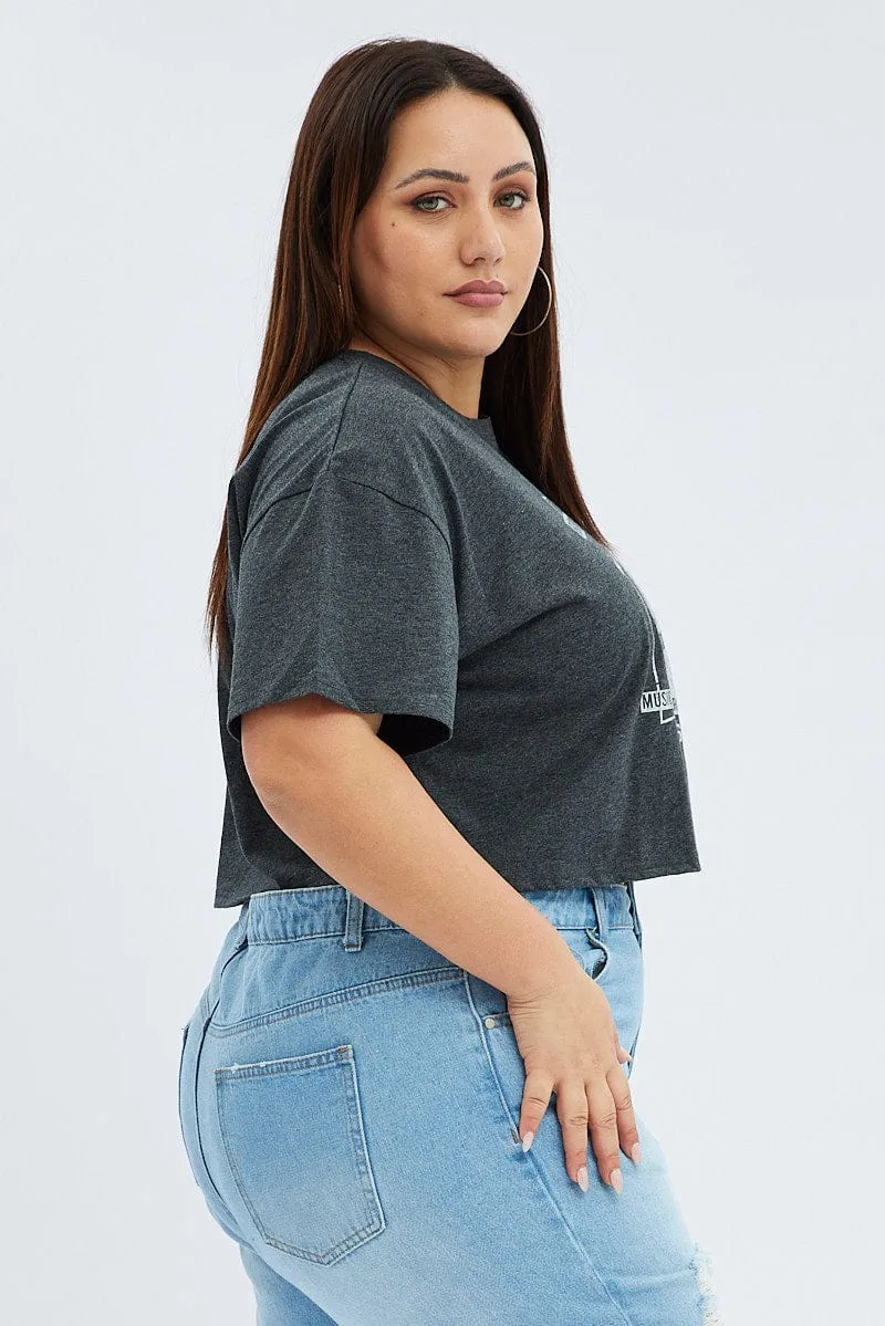 Brushed Interior Lining Simple Yet Elegant Grey Graphic T-shirt Brooklyn Band Super Crop Jersey