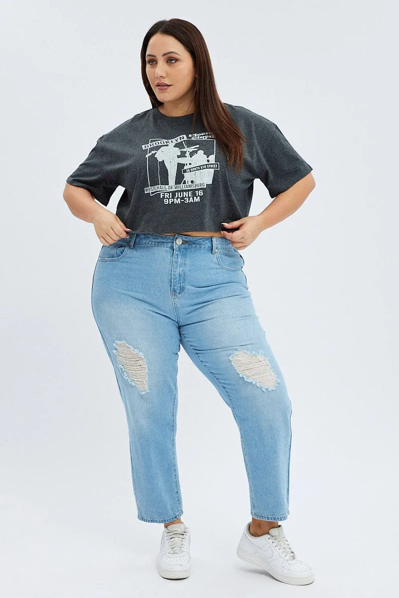 Grey Graphic T-shirt Brooklyn Band Super Crop Jersey Classic Chic Timeless Look Wear