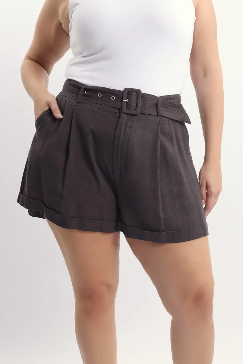 Brown Belted Linen Blend Shorts Lightweight Construction WrinkleFree Fabric