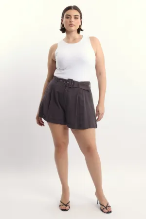 Brown Belted Linen Blend Shorts Silver Glow