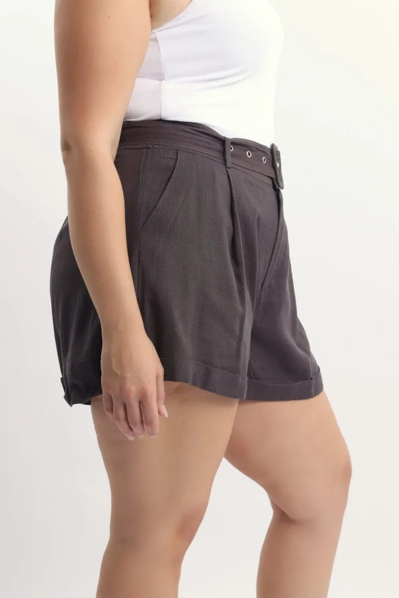 Seamless transition Brown Belted Linen Blend Shorts
