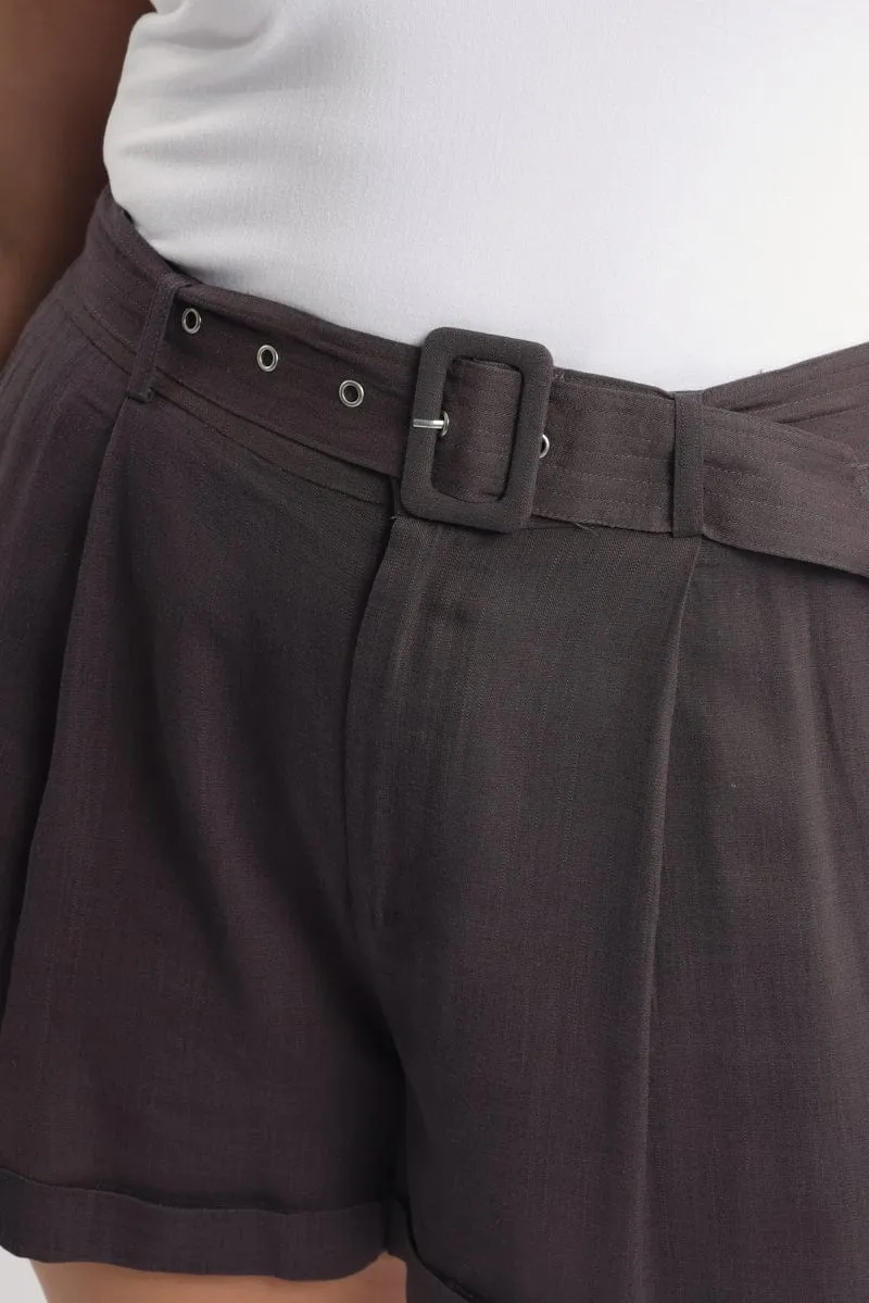 Brown Belted Linen Blend Shorts Timeless Skirt