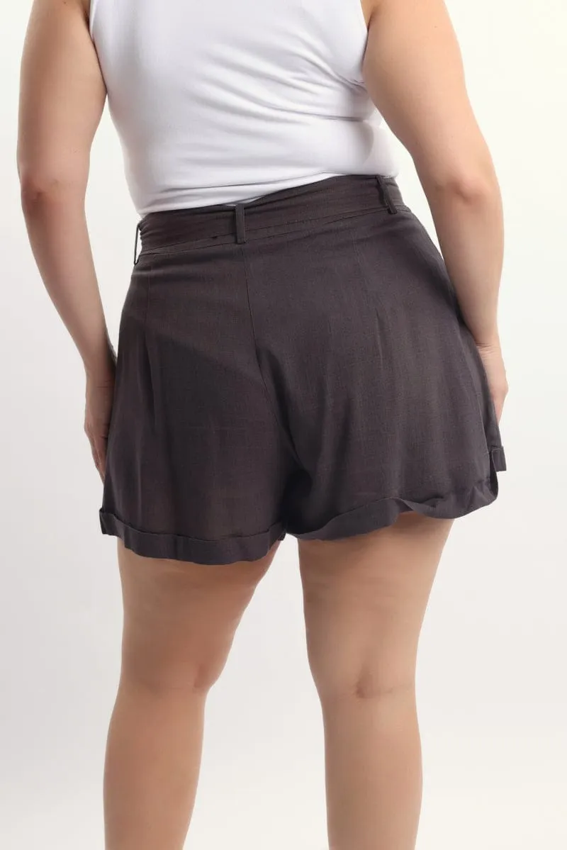 Brown Belted Linen Blend Shorts Rain Fit Practical Shorts