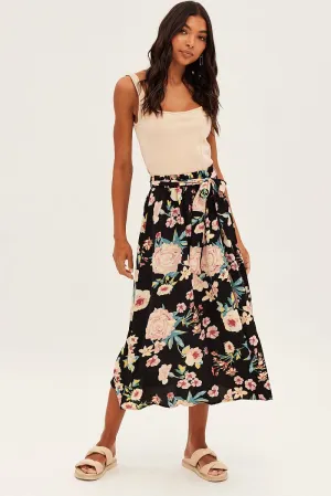 Versatile Wear Black Floral High Waist Front Slit Floral Midi Skirt